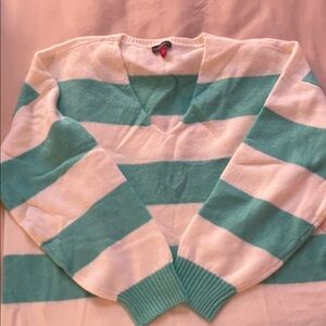 Vince Camuto V-Neck Sweater - White and Teal Stripes